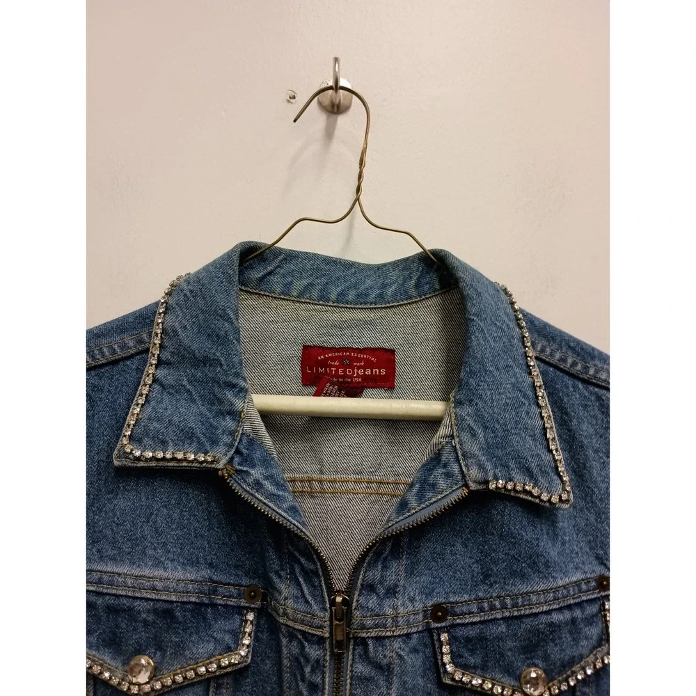 VTG‎ Y2K Limited Jeans Denim Vest Womens Medium Blue Rhinestone Trim